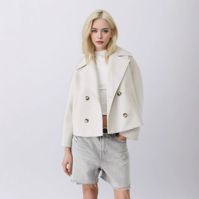 Wool Coat Peacoat - ผู้หญิงเสื้อขนสัตว์ Elegant สั้นเสื้อคู่เสื้อแขนยาวผสมลําลองกระเป๋าเสื้อ Office Lady ฤดูใบไม้ร่วง