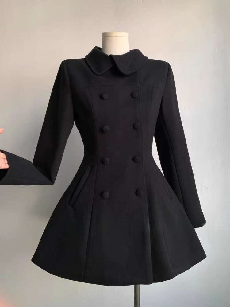 Wool Coat Peacoat - เสื้อโค้ทผ้าขนสัตว์สีดำทรงสลิมสไตล์เกาหลีแบบเฮปเบิร์นสำหรับผู้หญิง ดีไซน์วินเทจ สวยสง่า หวานละมุน สไตล์โกธิค เหมาะสำหรับฤดูหนาว