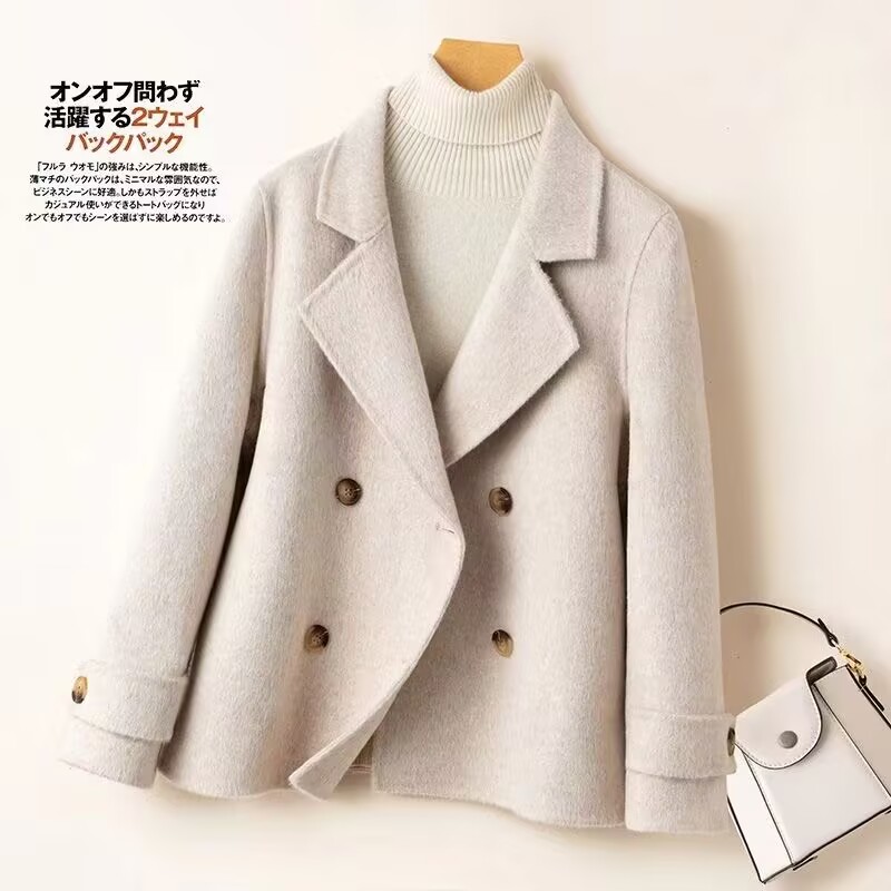 Wool Coat Peacoat - เสื้อโค้ทขนสัตว์คุณภาพสูงแบบสองด้านสำหรับผู้หญิง รุ่นใหม่ปี 2026 ทรงสั้น คอปกตุ๊กตา สไตล์คุณแม่